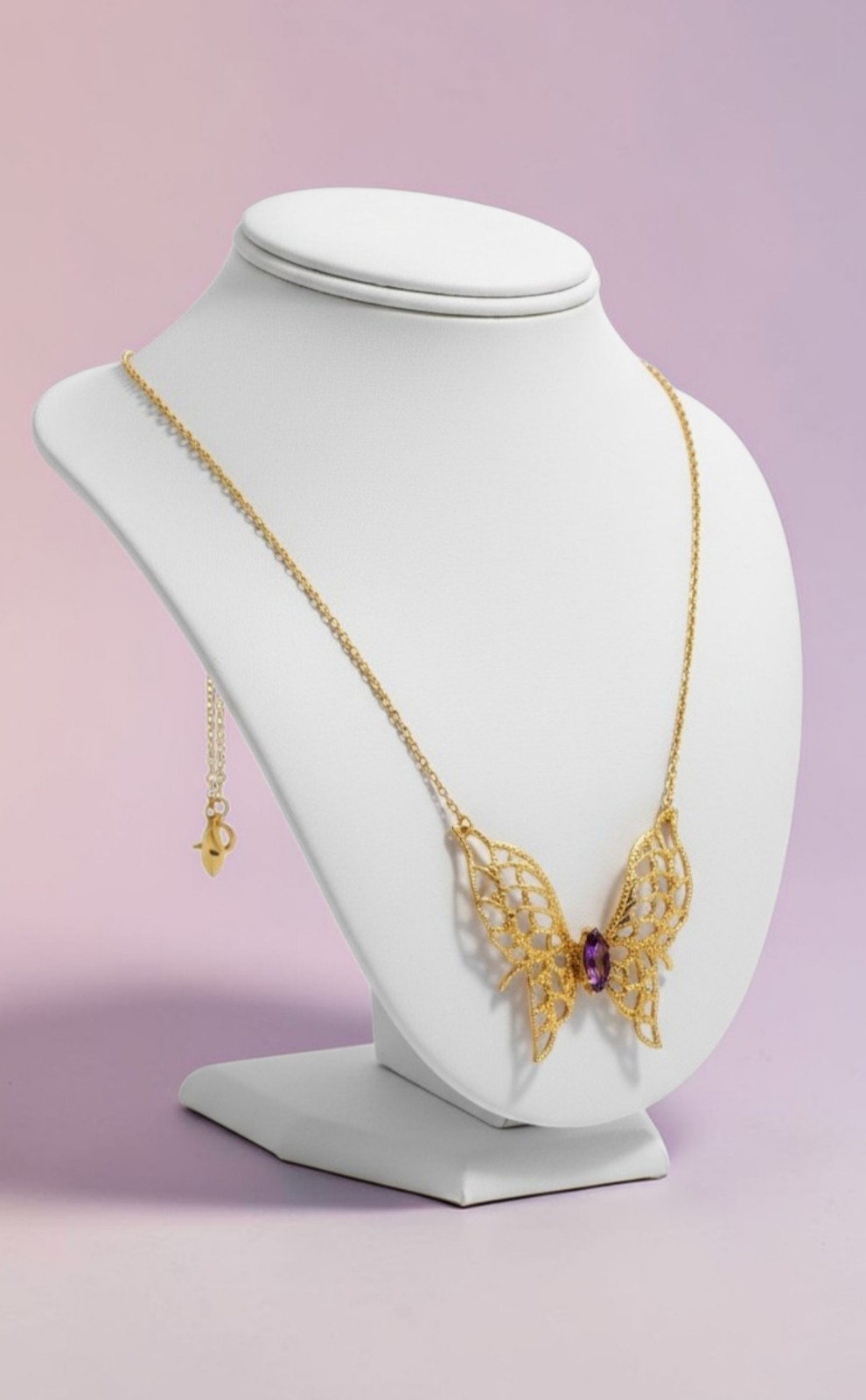 14KGE Lindenwold Gold Electroplated Marquise Purple Amethyst Butterfly Necklace