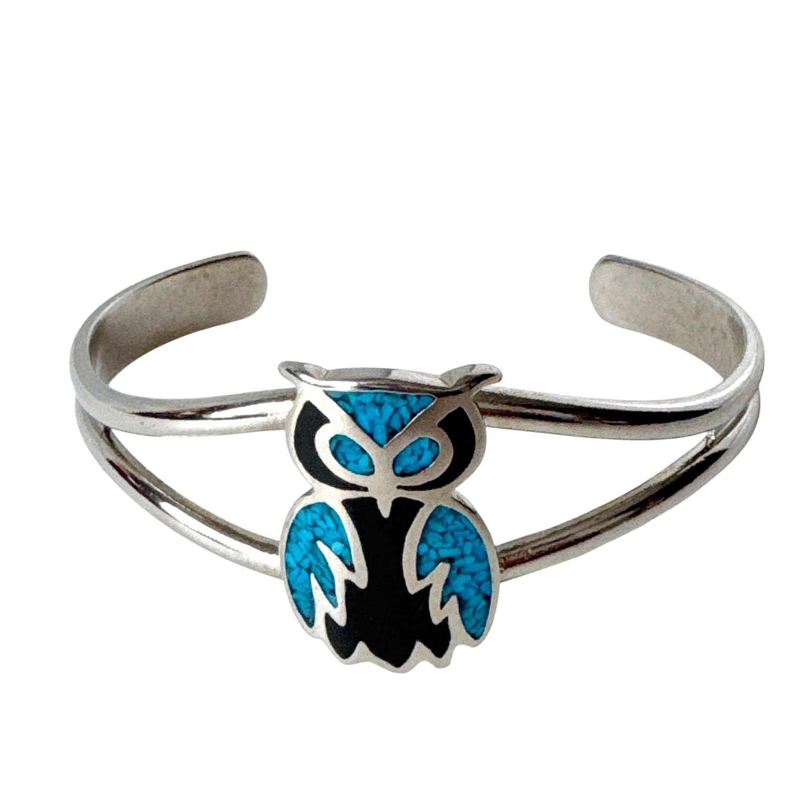 Vintage Silver Tone Owl Turquoise Chip Inlay Cuff Bracelet ~ 7″