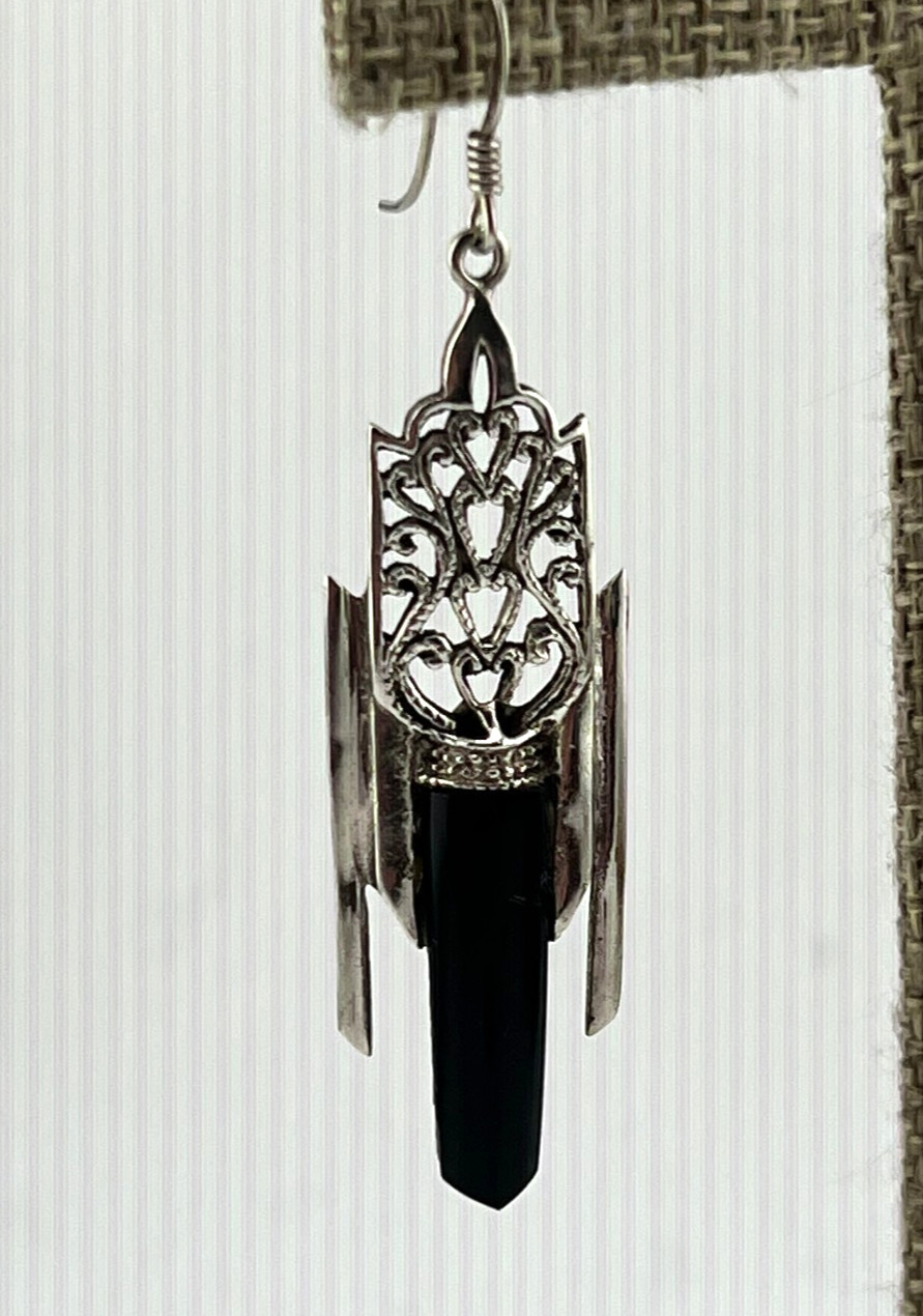 Art Deco Revival Black Onyx dangle earrings 925 Sterling silver EUC