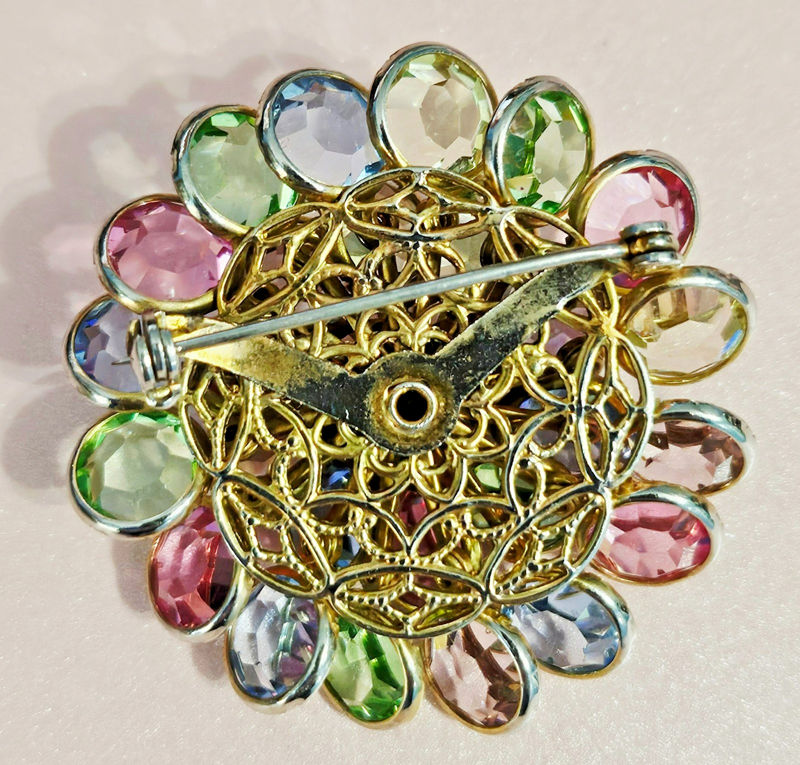 Vintage Pastel Tutti Frutti Flower Brooch Glows Bezel and Prong Set Spring !