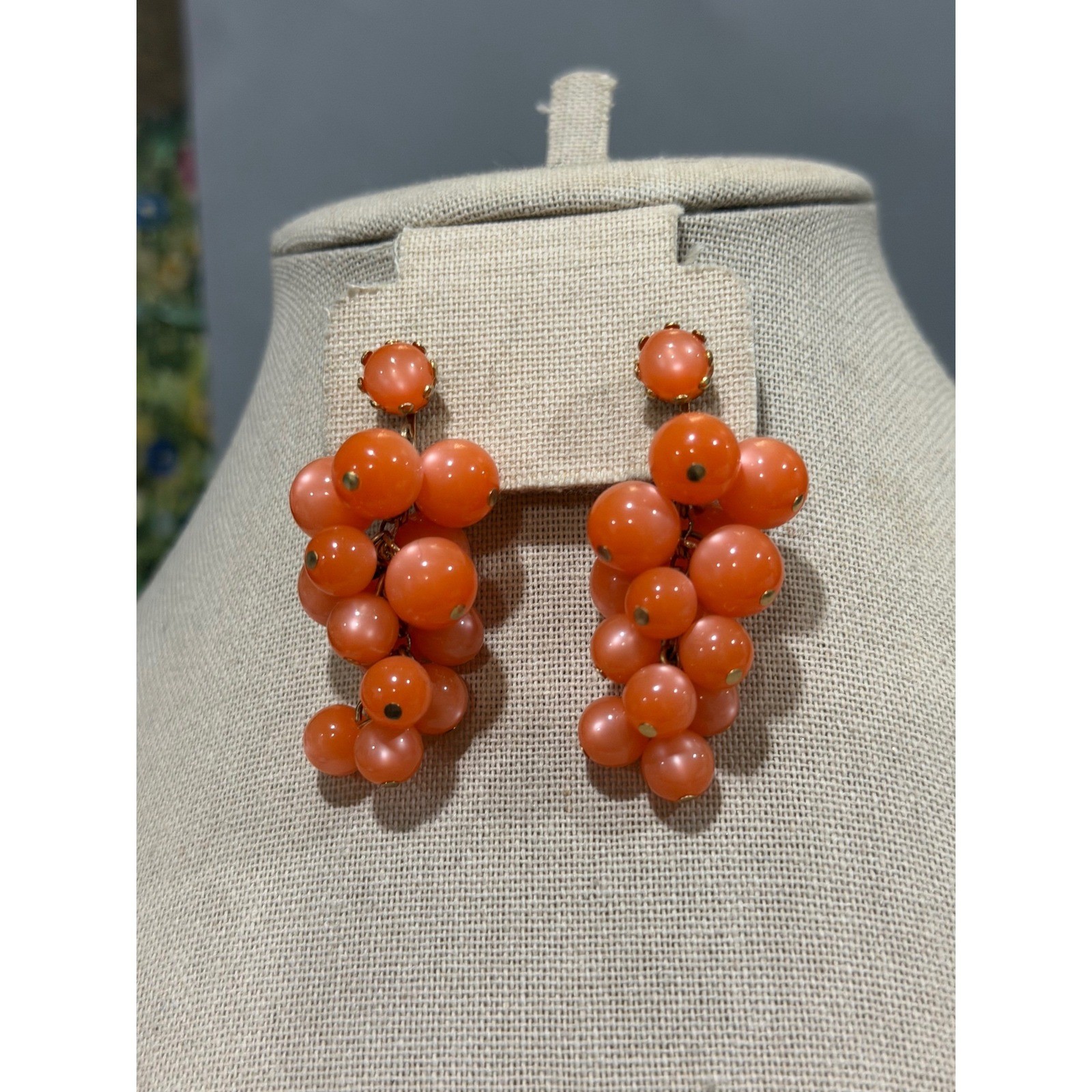 Vintage Grape Cluster Orange Moon Glow Earrings Mid-Century Clip-On