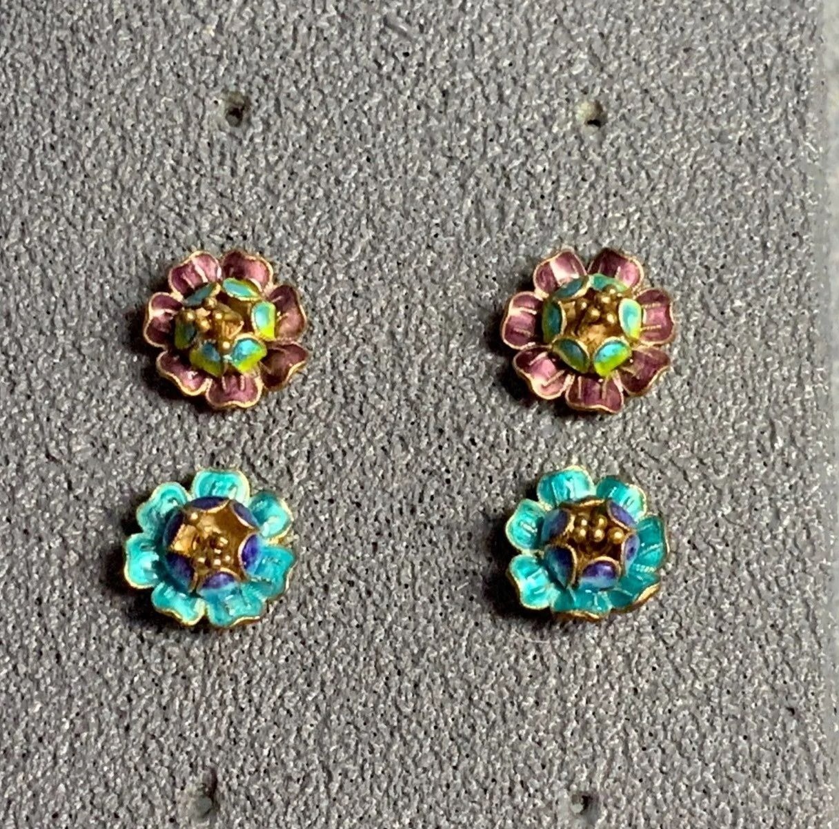 Tiny Flower Stud Earrings 3/8 In 2 Pairs Purple Blue Green Gold Vintage Floral