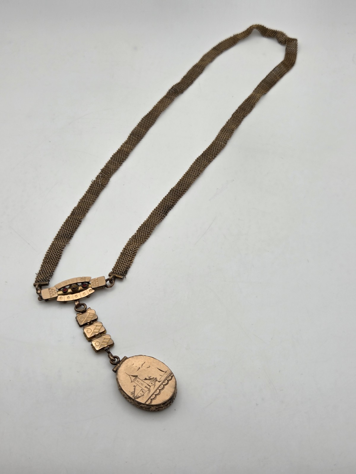 Antique Victorian Engraved Book/Mesh Chain with Engraved Locket Pendant