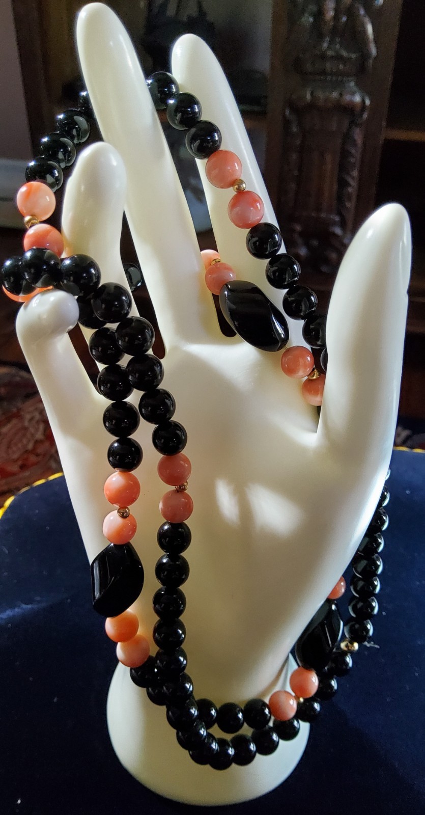 Vtg Black Onyx And Pink Angel Skin Coral Art Deco Necklace / 14kt Gold Fill…