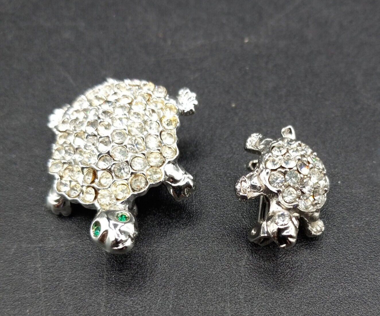 Set of 2 Vintage Silvertone Turtles with Clear Rhinestones