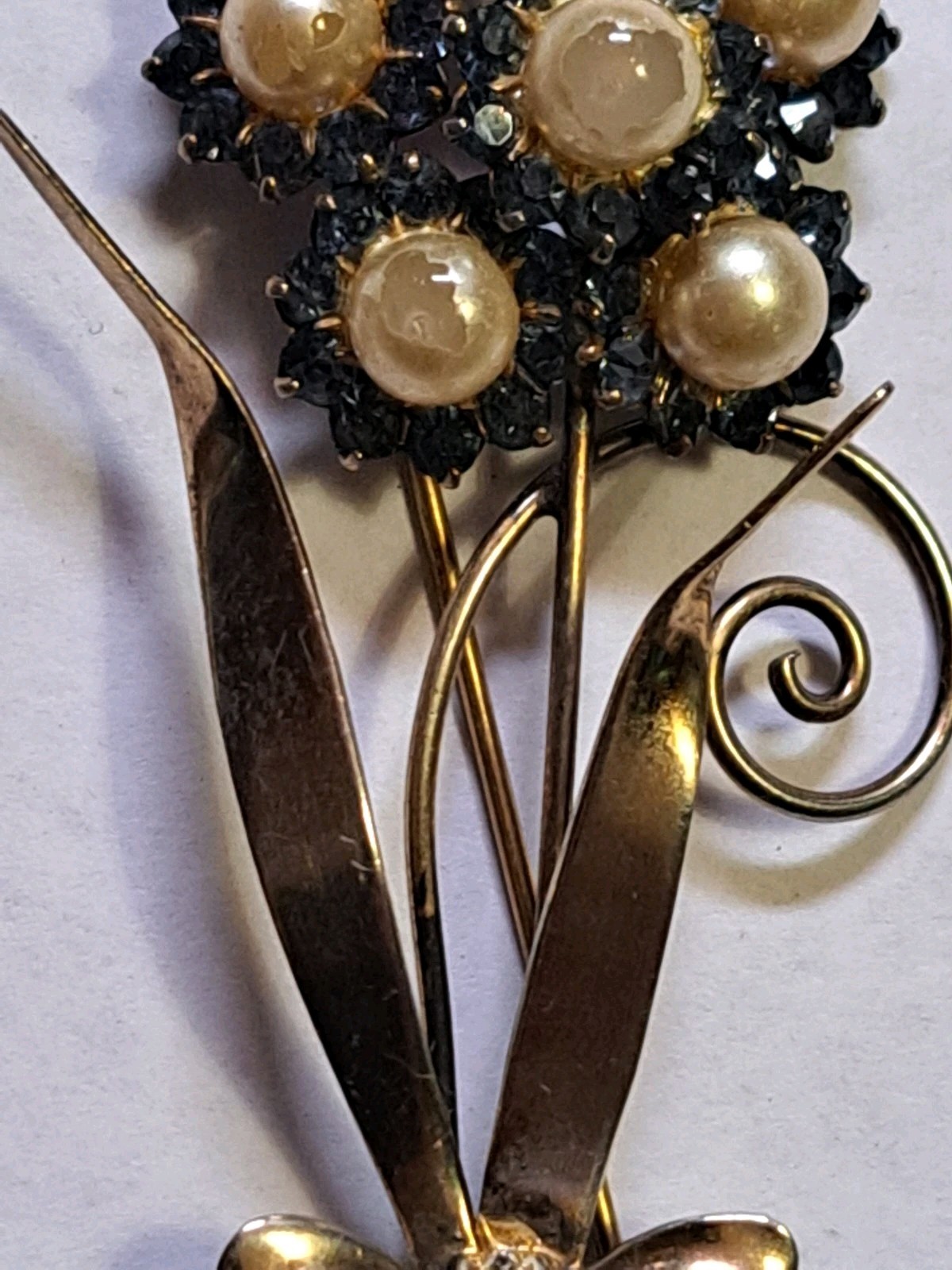 1950s 925 Sterling Silver Vermeil Blue Rhinestone Faux Pearl Brooch 3.5” 17gr