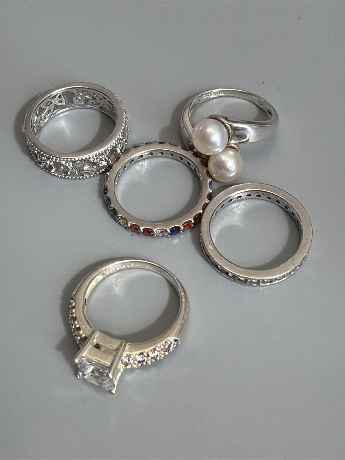 Sterling Silver Lot Of 5 Various Pearl CZ Multicolor And White Rings Size 5