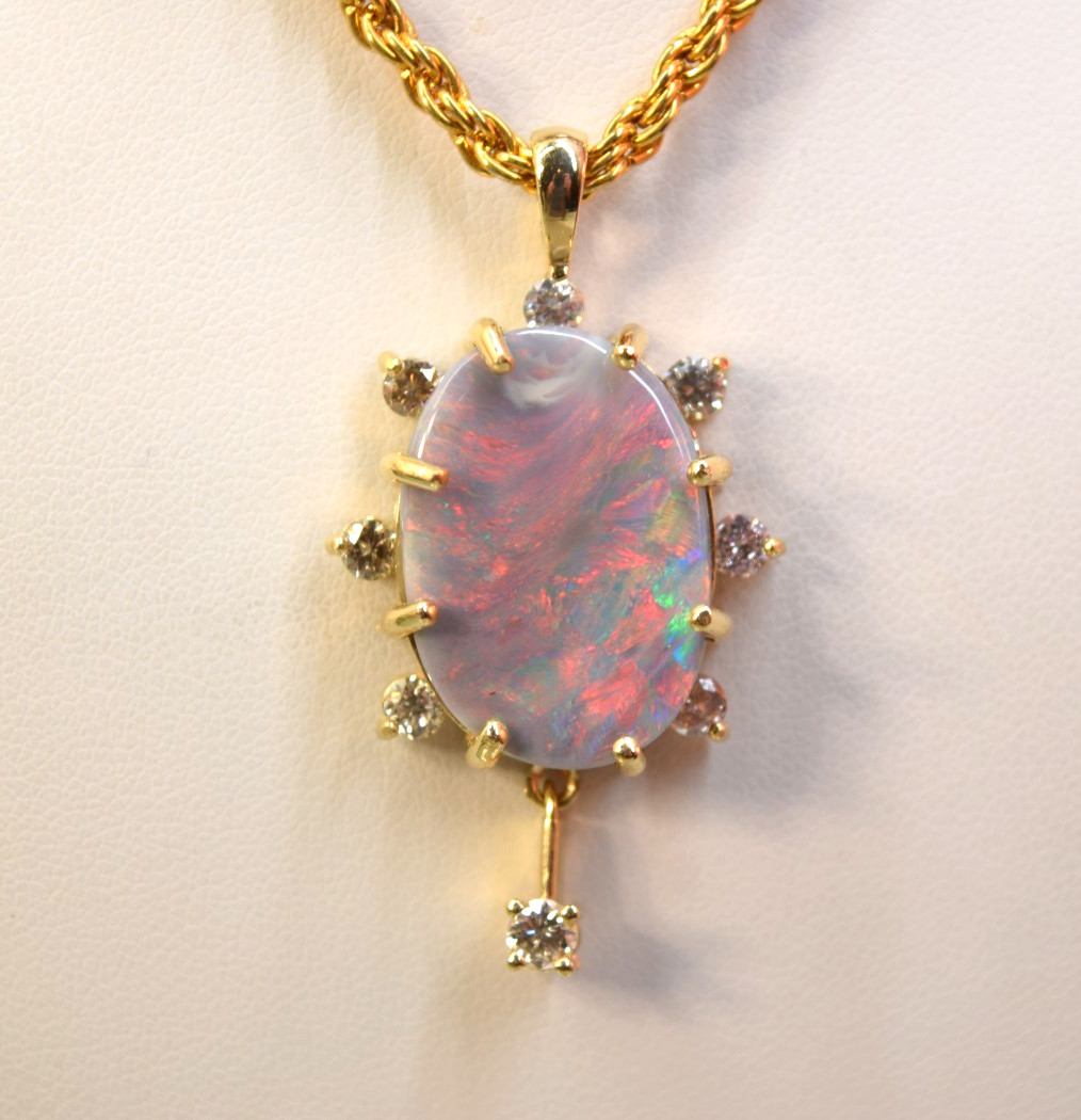 Estate Antique 14K Gold Large 10ct Black Opal Diamond Necklace Pendant
