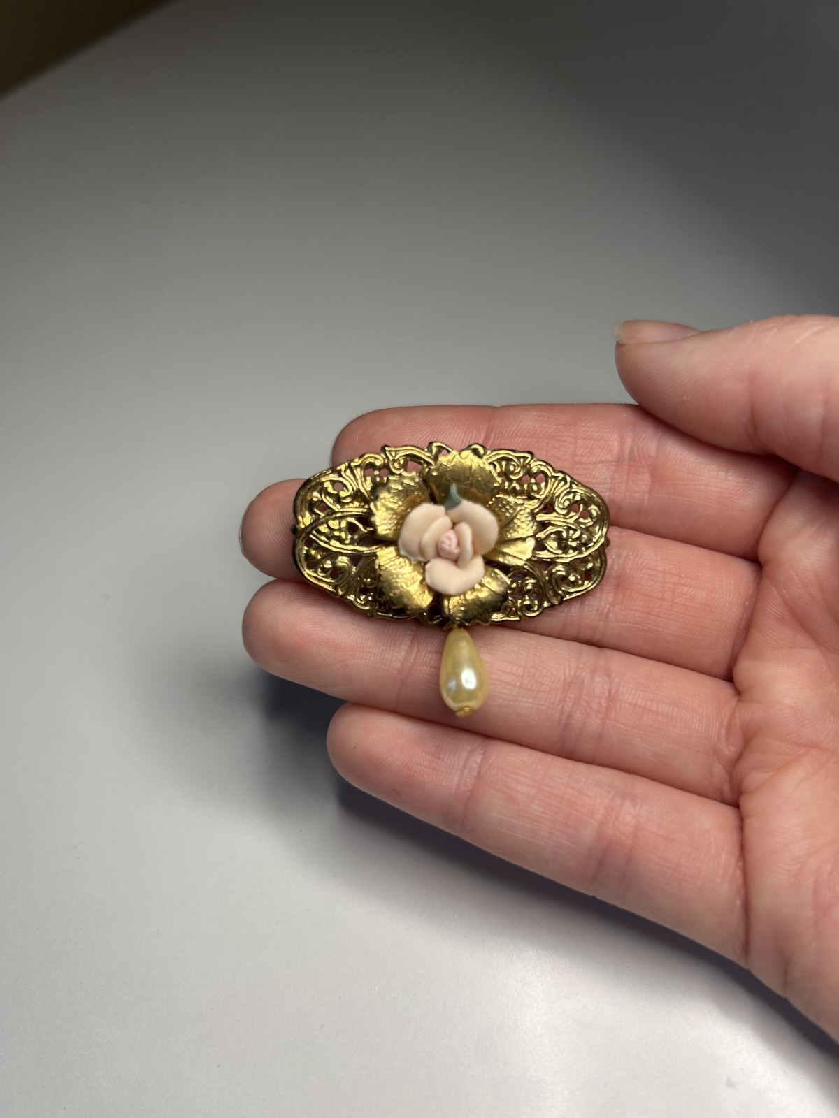 Vintage Brooch Gold Tone Floral Dangle Faux Pearl With Enameled Rose Filigree