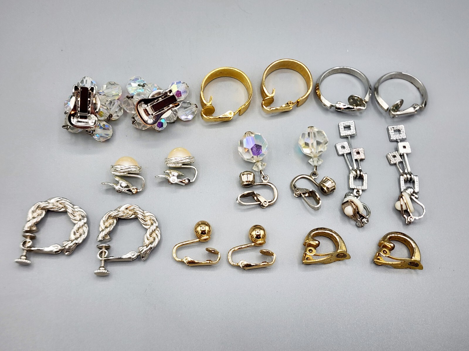 Lot 9 Prs Vtg Mid Century Clip Earrings Napier Dangle Gol/Silver Tone AB Crystal
