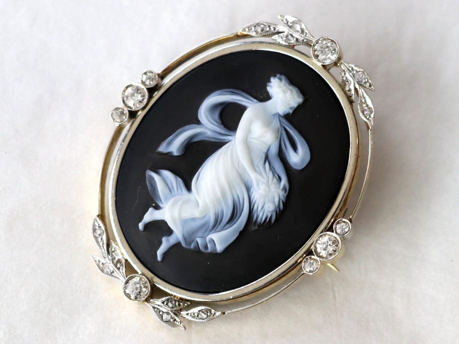 Hardstone and 0.78Ct Diamond, 18k Yellow Gold Black Cameo Brooch Circa 1880