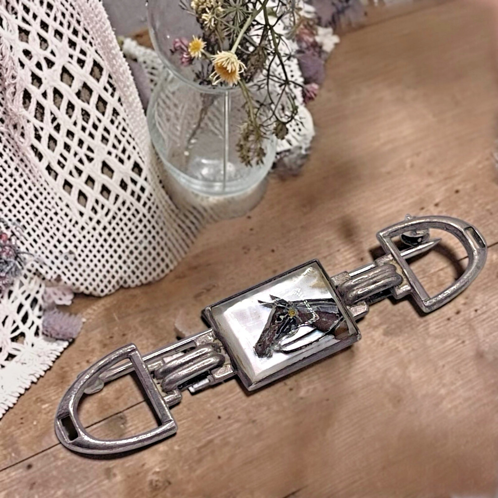 Vintage Horse Equestrian Mother of Pearl Stir-up Sterling Bar Brooch Pin, 2.25″