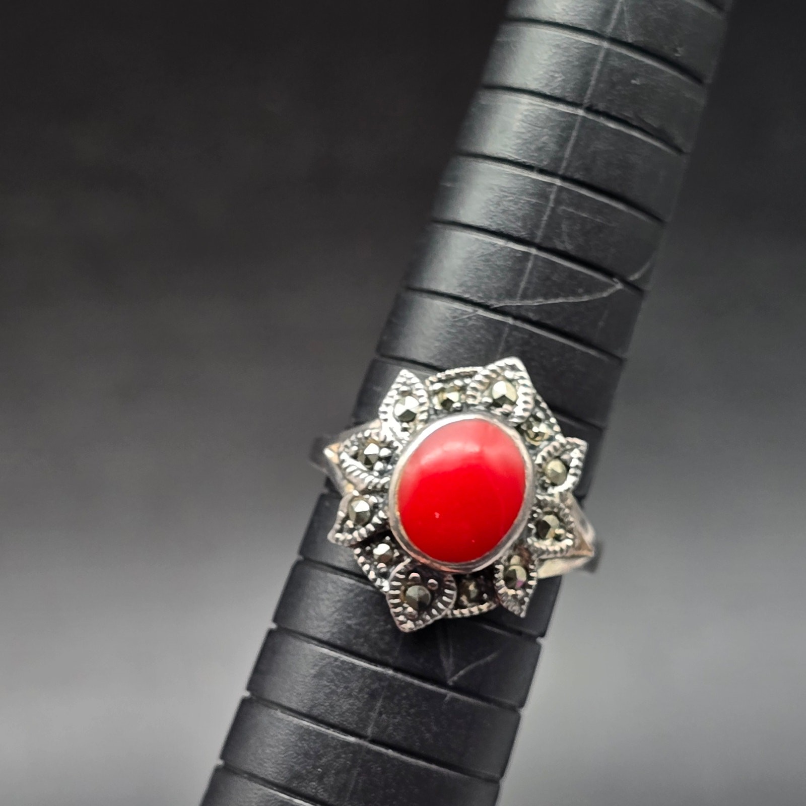 Sterling Silver Red Coral Marcasite Ring Size 7.75 925 Vintage