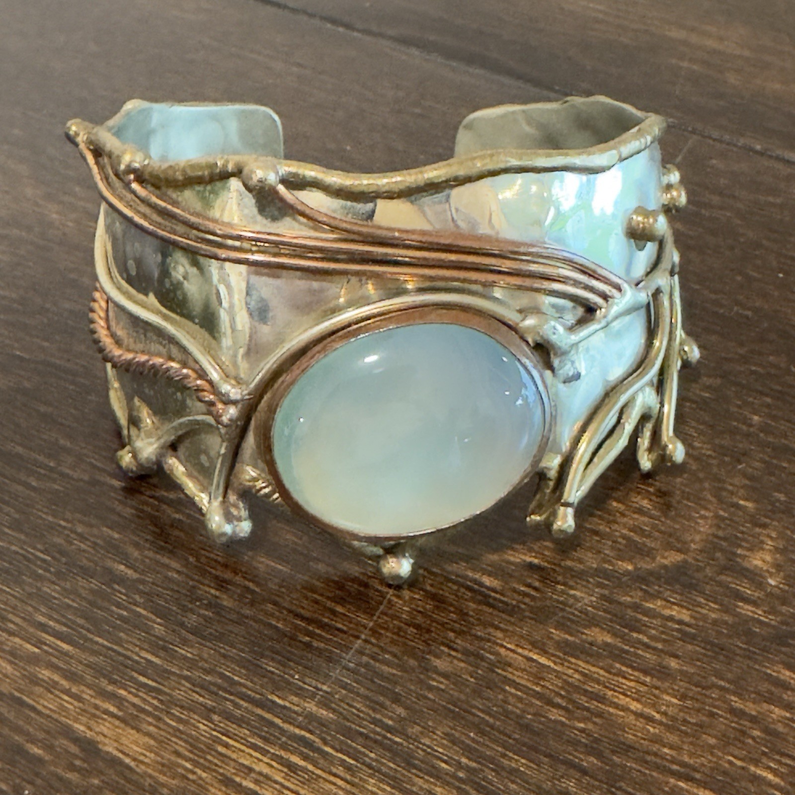 Vintage Brass Silver Mixed Metal Artisan WIDE Cuff MCM Brutalist Boho Bracelet