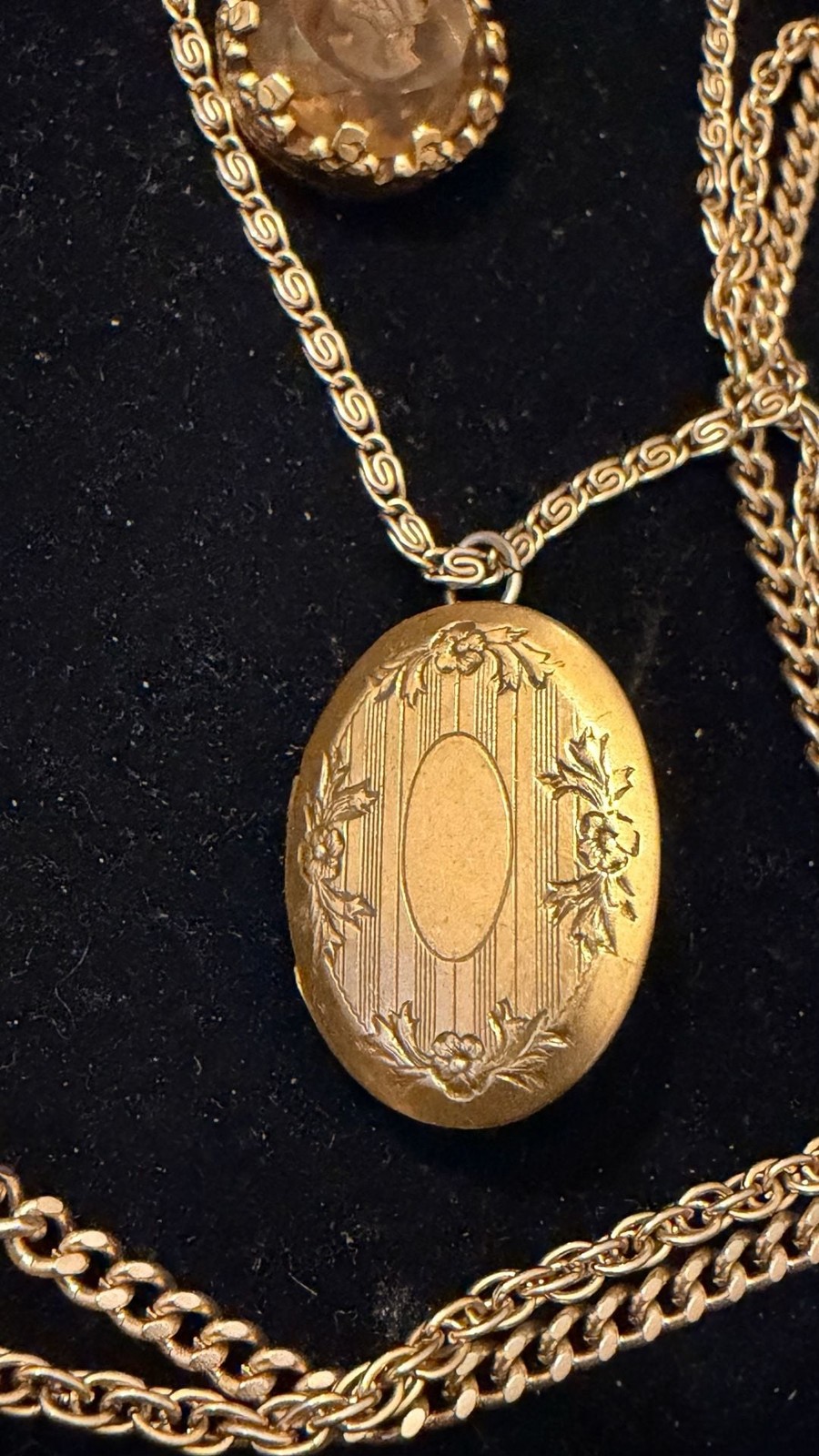 Vintage Goldette Multi-Strand Necklace with Intaglio Cameo Fob and Oval Locket