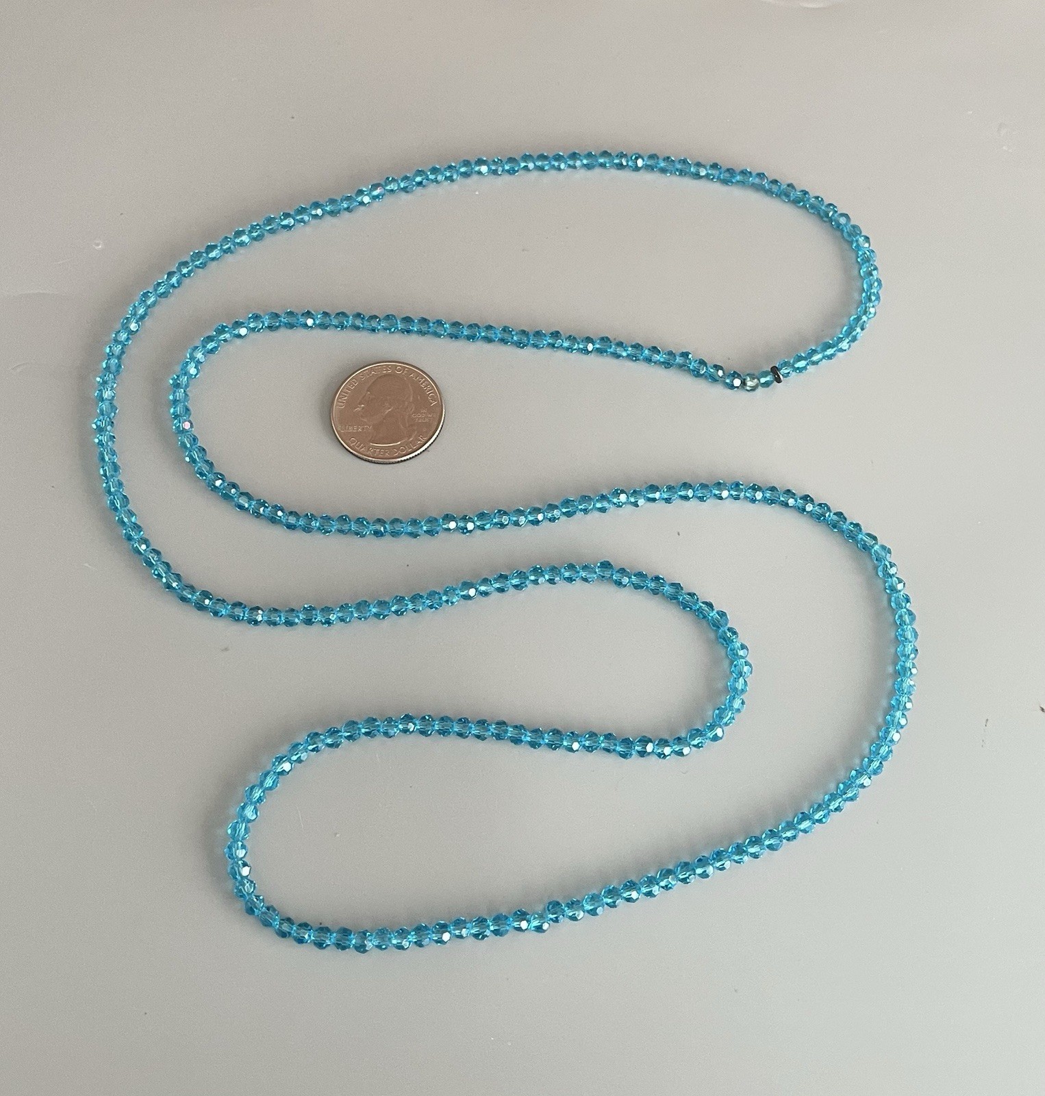 VTG 40” Single Strand Tiny Turquoise Crystal Beaded Slip On Necklace No Clasp