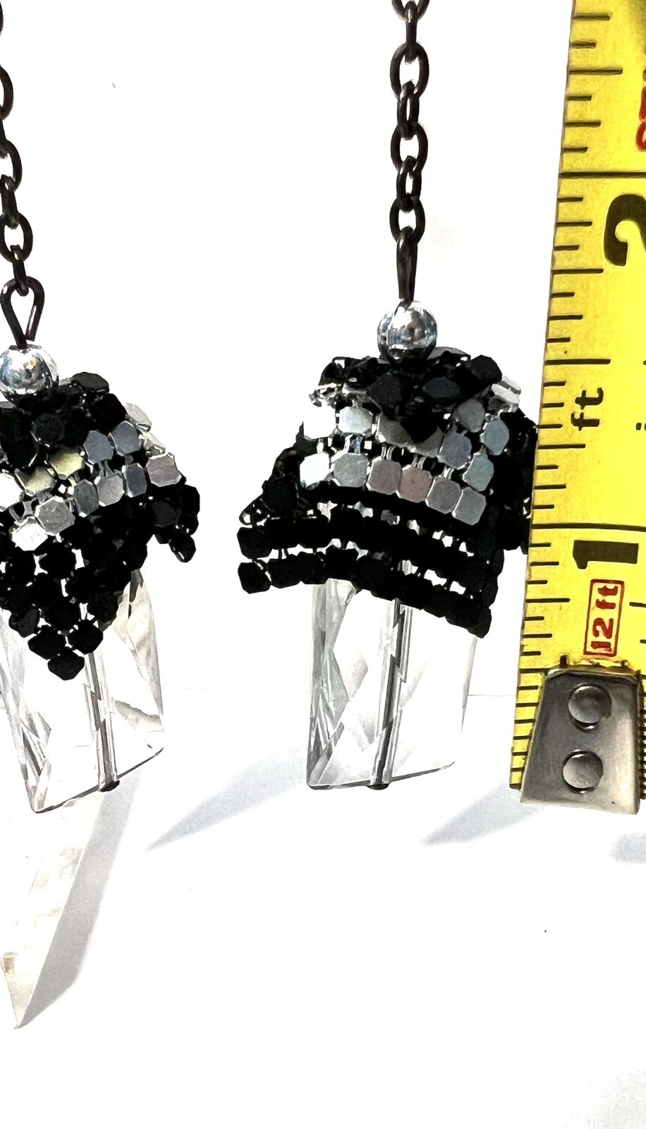 Vintage Retro Dangle Black And Silver Tone Metal Chain And Crystal Hook Earrings