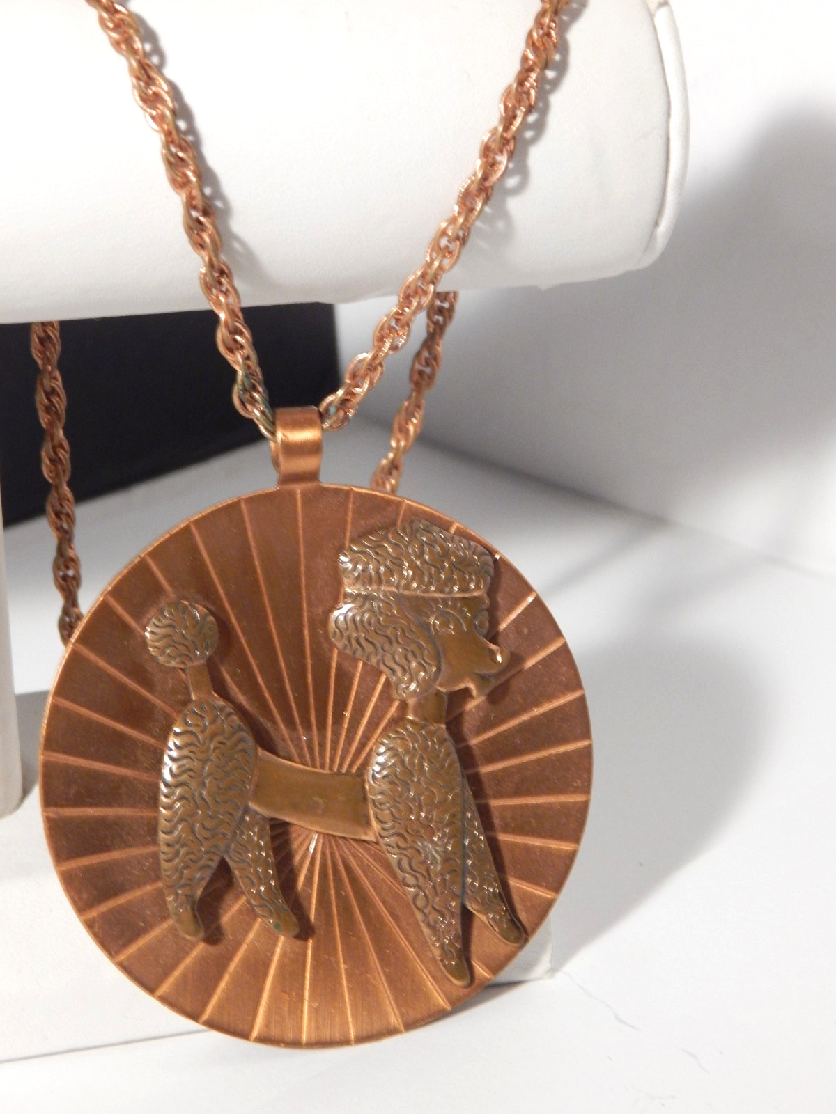 Vintage 1950’s Bell Trading Post Large Copper Poodle Pendant on 30″ Rope Chain