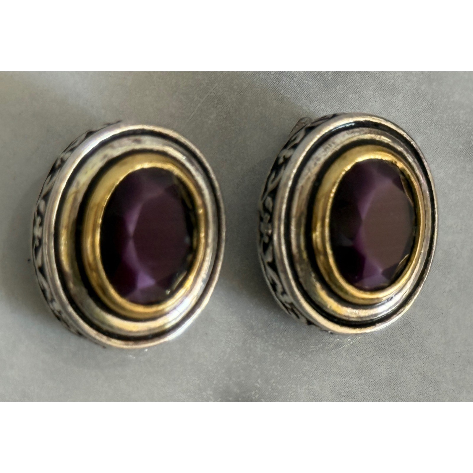 Vintage Mixed Metal Purple Stone Oval Clip On Earrings Silver Gold Tone Scroll