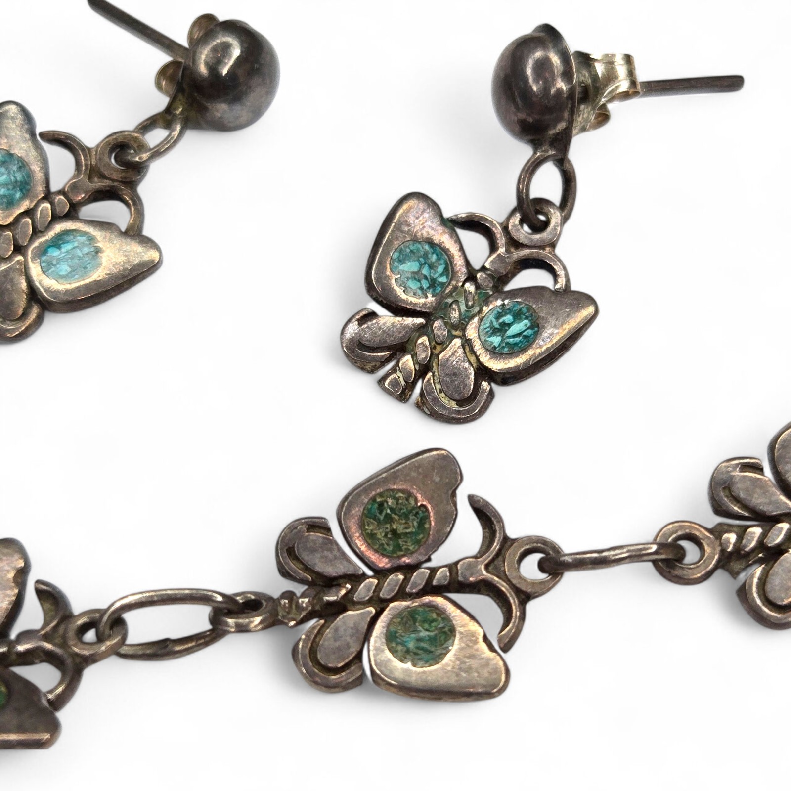 Vintage Mexico Sterling Silver Turquoise Chip Inlay Butterfly Bracelet Earrings