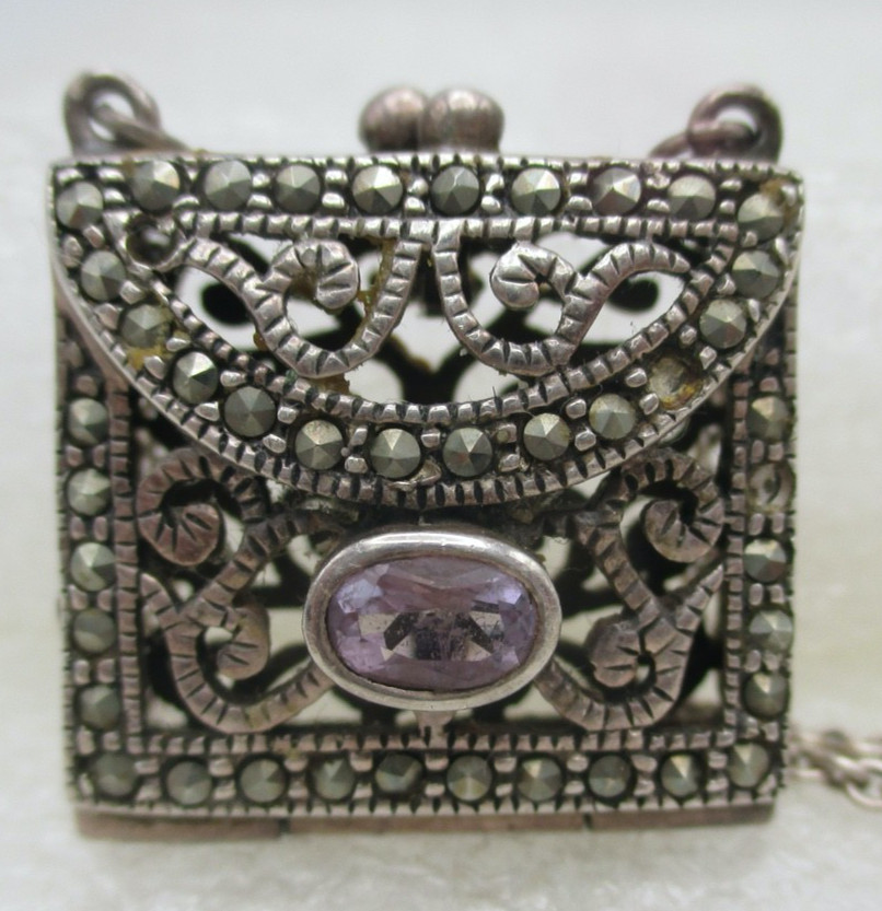 VTG Sterling Bali Scroll Amethyst Marcasite (2 missing) Purse Locket Necklace