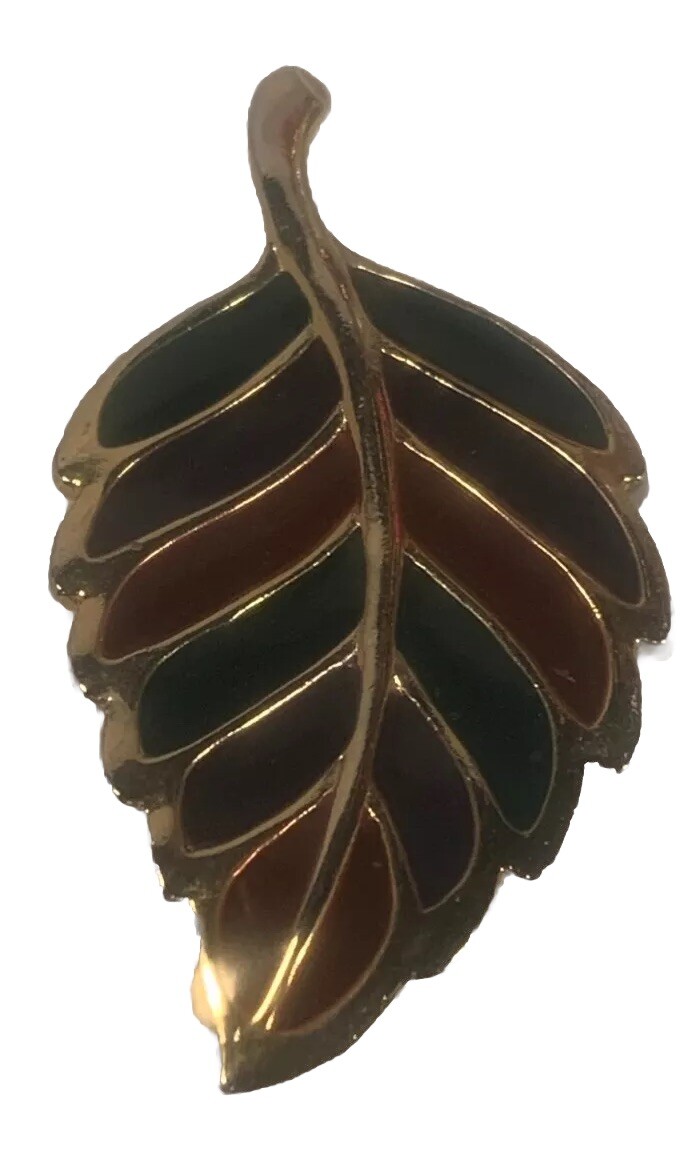 Gold Colored Metal, Red and Green Enameling, Leaf Pin/Brooch, Fall, Christmas