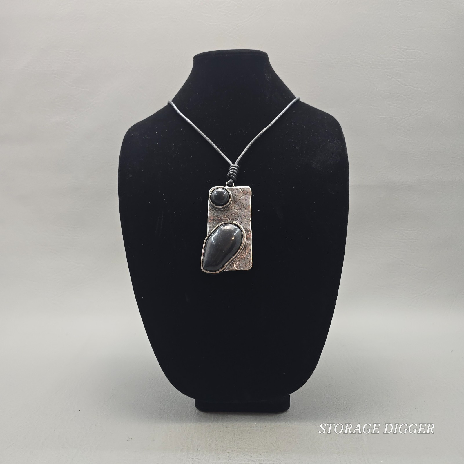 Vintage Silver Tone Metal with Black Onyx Pendant on Cord Necklace 31″ Long