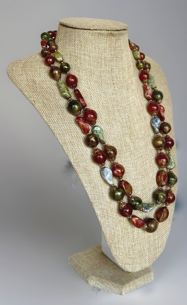 Vintage Crown Trifari Double Strand Necklace, Fall Colors, 24″ Long