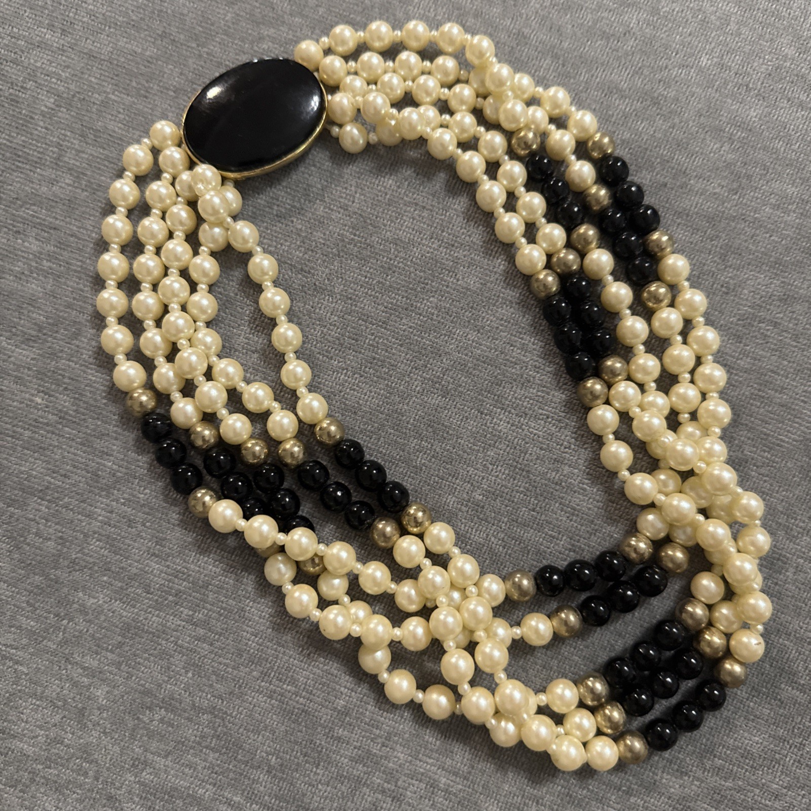 VTY Gay Boyer Faux Pearl Onyx Multi Strand Beaded Bib Statement Necklace Classic