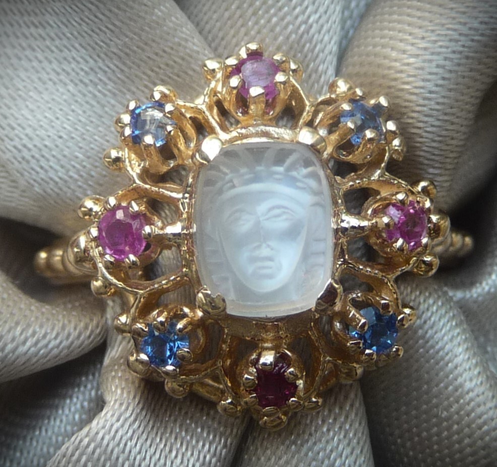 AMAZING RARE VINTAGE 14K ETRUSCAN MEDUSA MOONSTONE RUBY SAPPHIRE HALO RING!