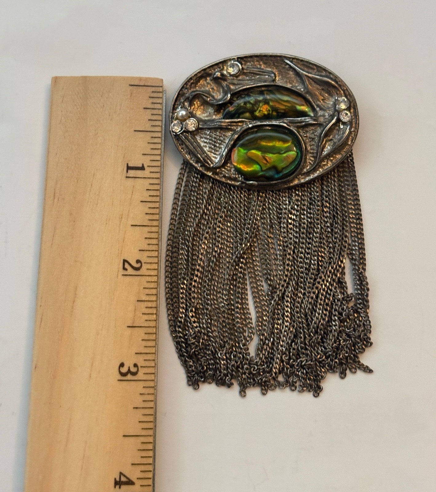 Vintage Unsigned Abalone SilverTone Fringe Chain Brutalist Statement Brooch