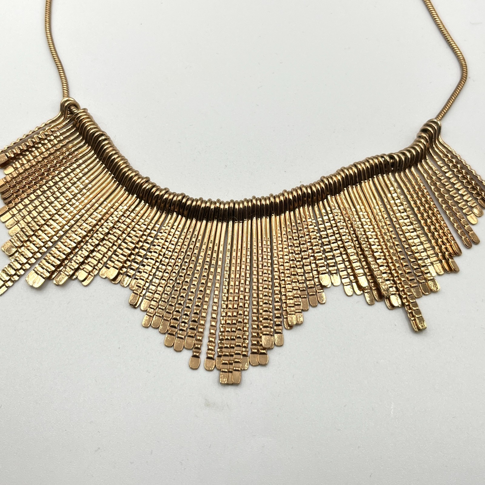 Vintage Style Gold Tone Fringe Bib Necklace, Textured Bar Drop Statement Jewelry