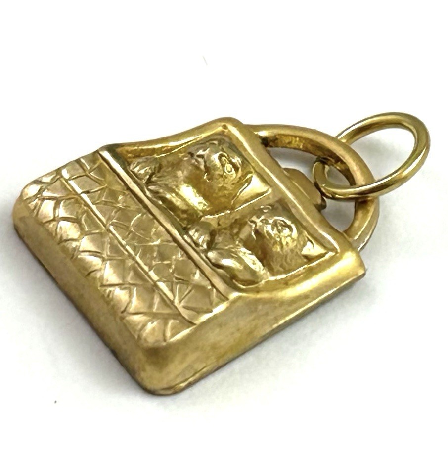Vintage Charm Kitten Puppy In Purse Vintage Jewelry Raw Brass Stamping Pendant
