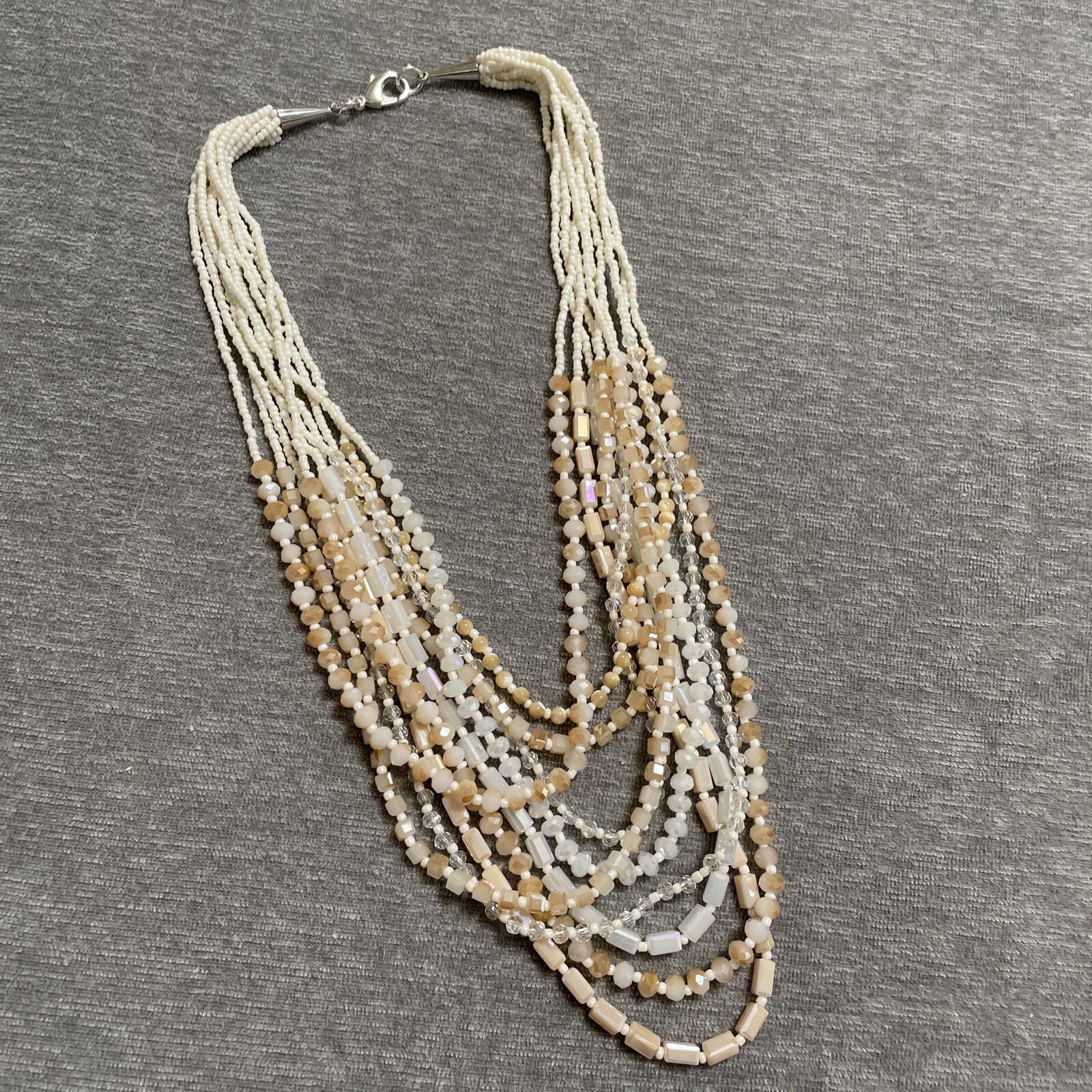 Crystal Layered Necklace Peach White Champagne Ombre Aurora Borealis Boho 24″