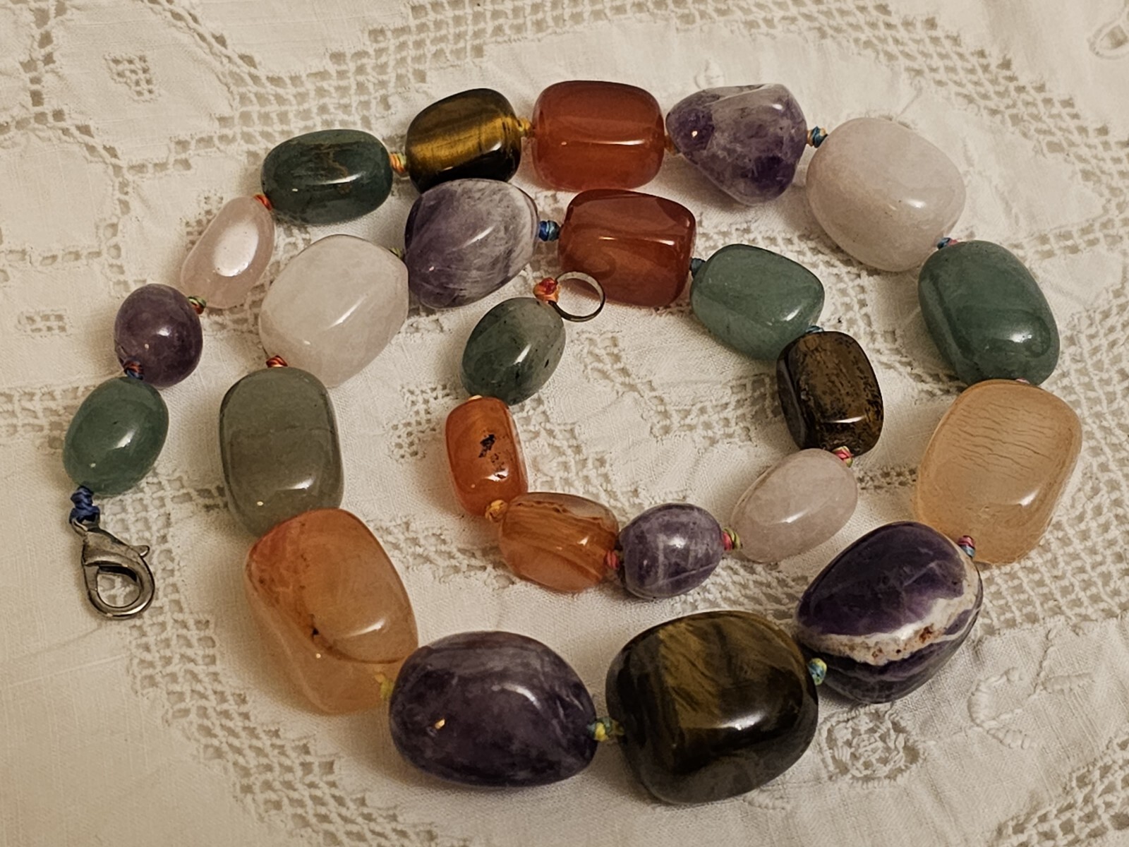Vintage Natural Carnelian Agate Jade Aventurine Tiger’s Eye Bead Necklace