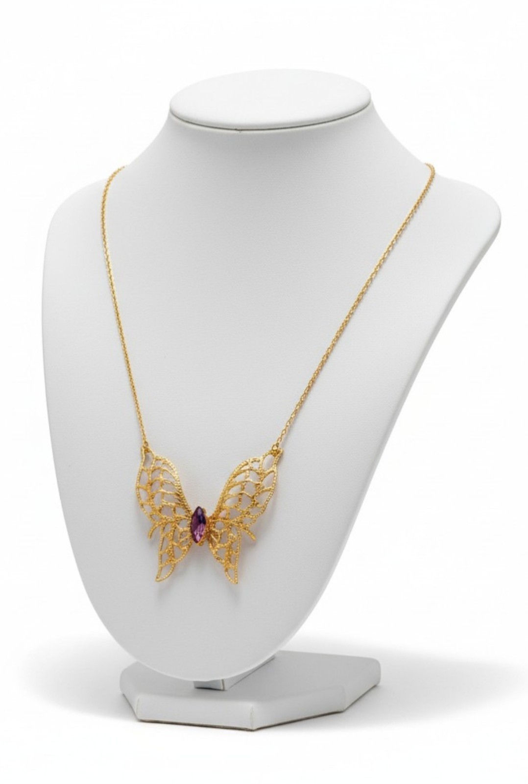 14KGE Lindenwold Gold Electroplated Marquise Purple Amethyst Butterfly Necklace