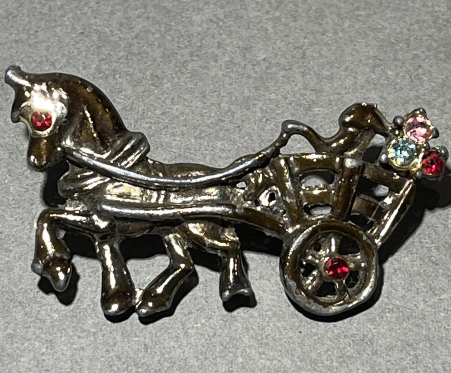 Horse & Carriage Brooch W/ Rhinestone Accent Rollover Safety Lapel Pin