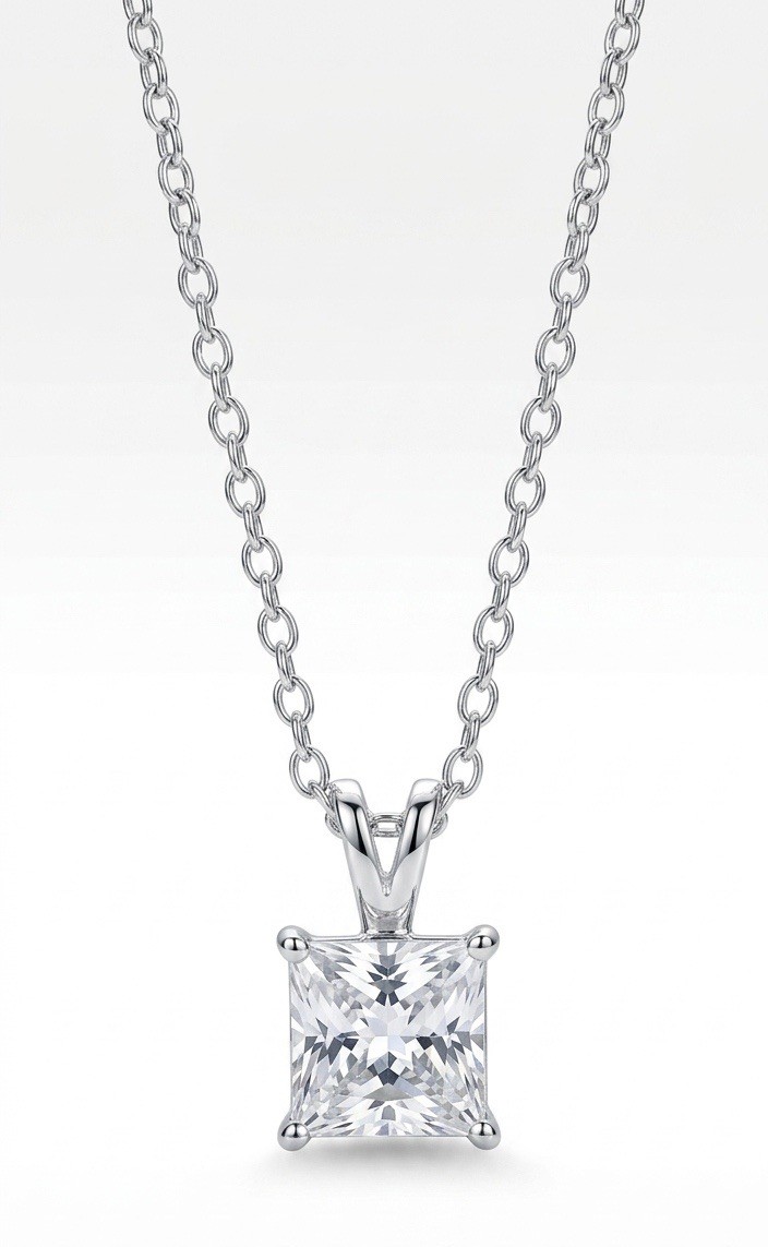 925 Sterling Silver Princess Cut CZ Solitaire Pendant Necklace 18″ 1ct 6mm Italy