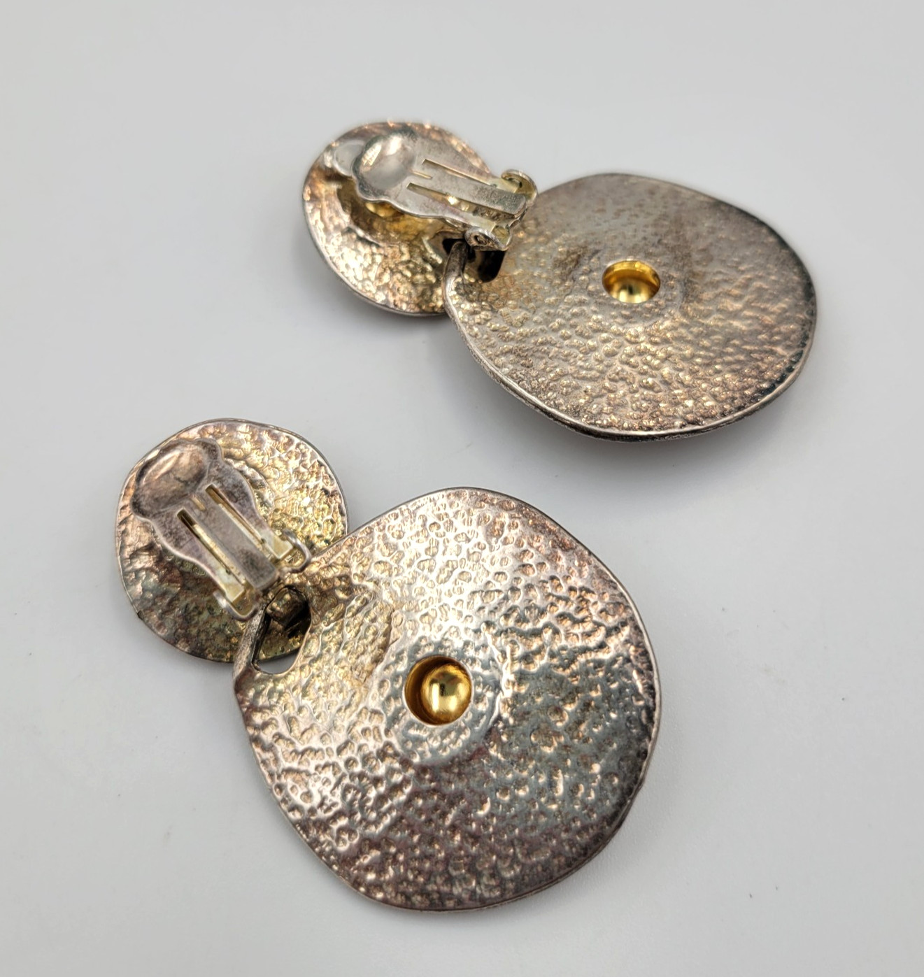 Brutalist Style Jewelry Set Hammered Disc Bracelet Clip on Earrings READ