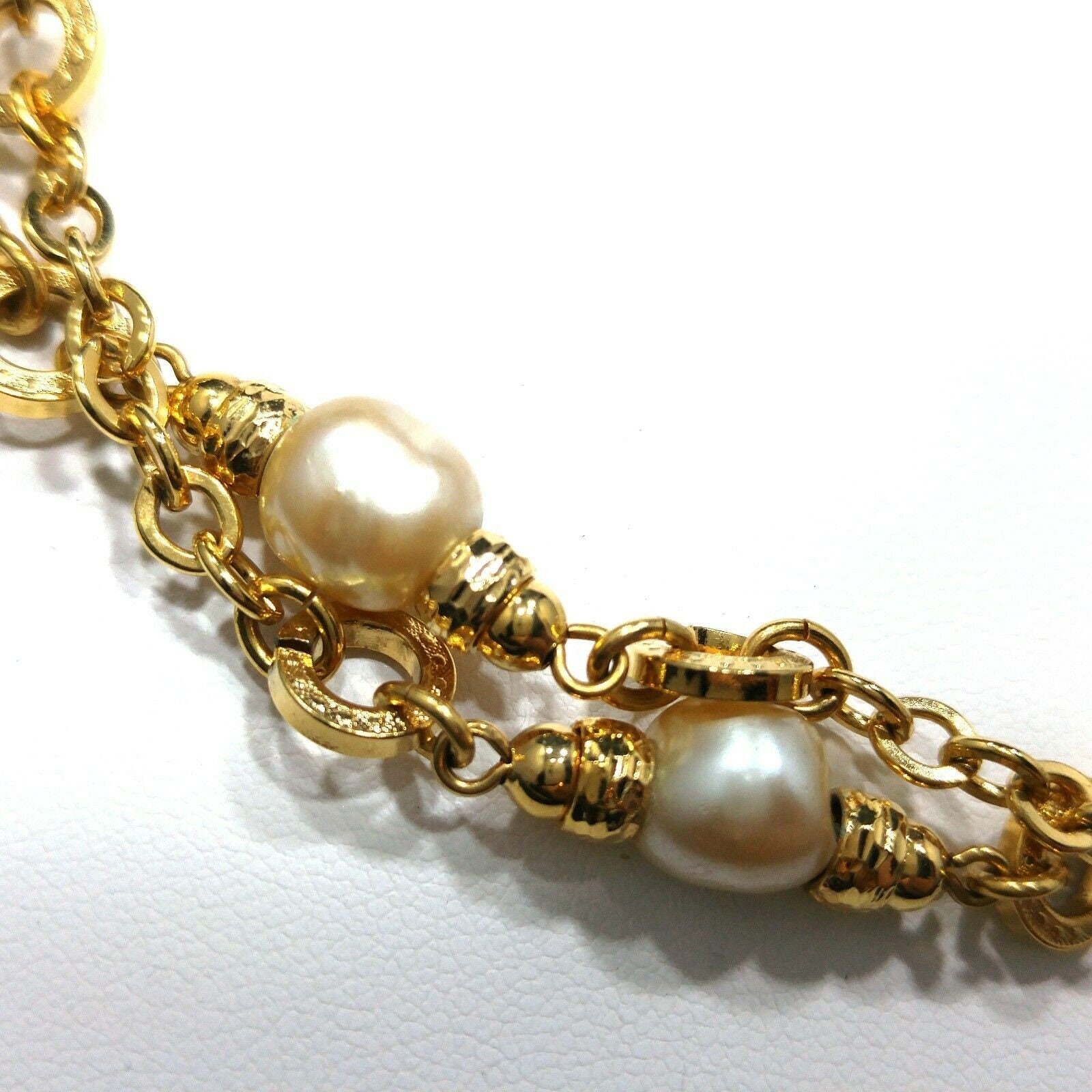 Vintage Monet Long Gold Chain Necklace Faux Pearls 1970s Sister Clasp 36″