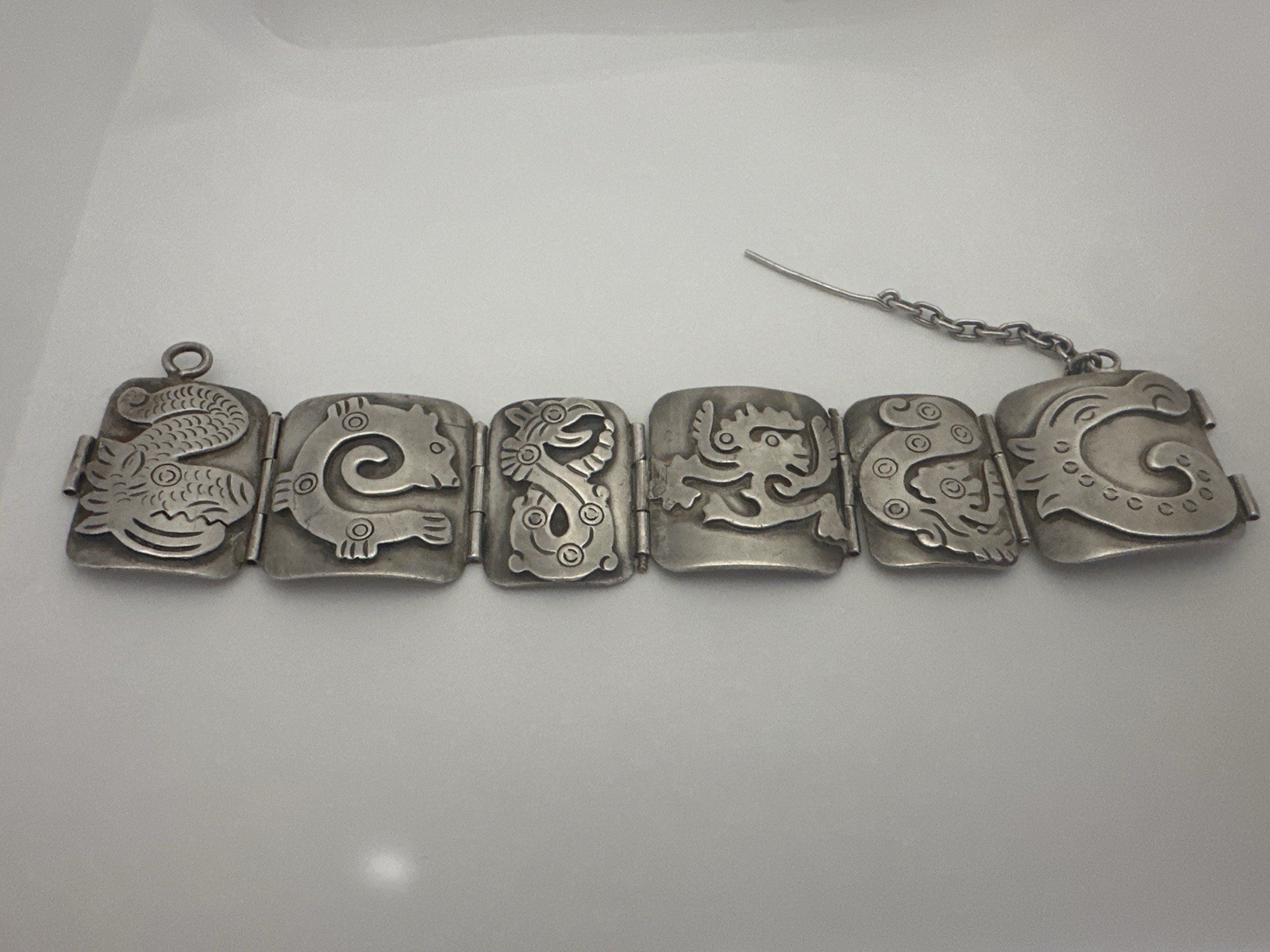 Vintage Early Taxco Mexico 980 Silver Panel Aztec Mayan Bracelet, 89 Grams