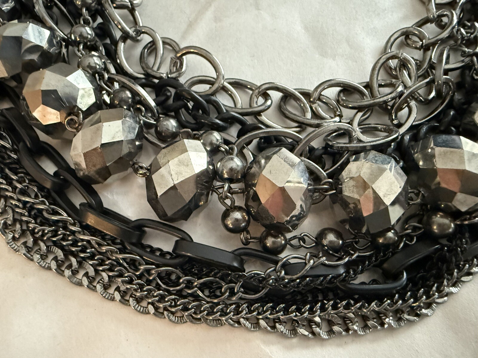 Dramatic Layered Statement 21” Gunmetal Silver and Black Trendy Chain and Bead