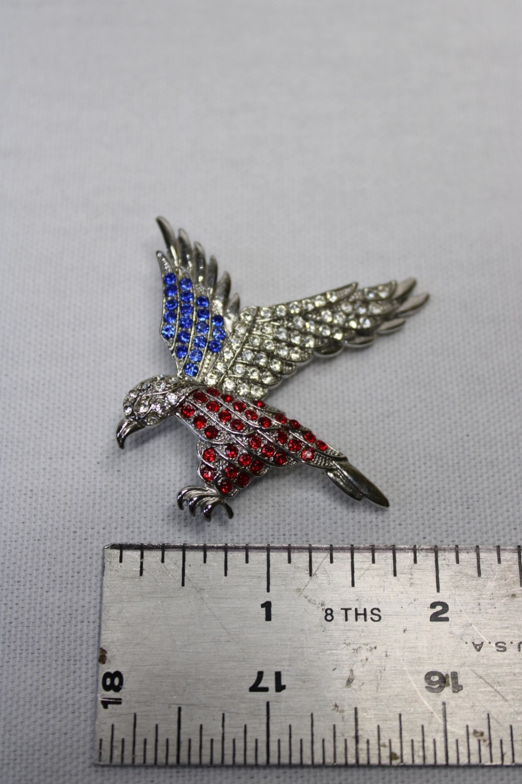 Patriotic Eagle Brooch & Flag Earrings Set Red White Blue Rhinestones USA 4th Ju