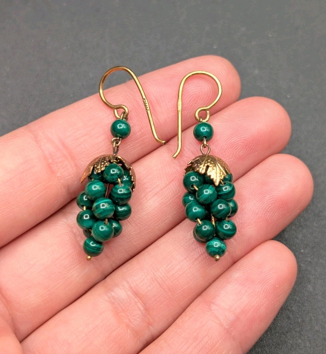 800 Silver Marked Gold Tone Malachite Round Beaded Cluster Grapes Earrings