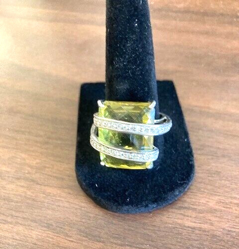 Sterling Silver Vintage Bold Lemon Citrine & White Beryl Overlay Ring – Sz 9