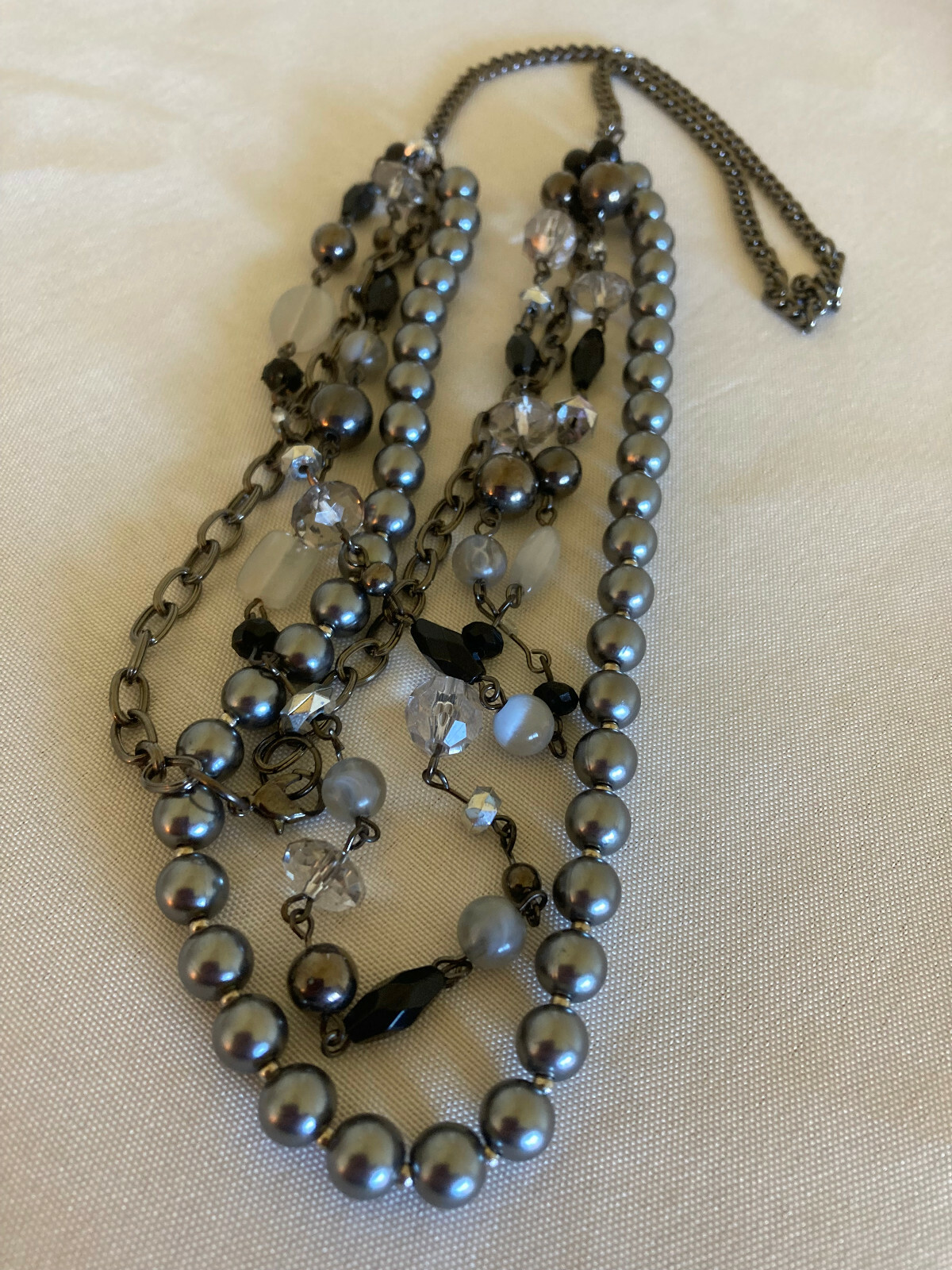 Vintage Four Strand Gray Faux Pearl, Bead and Chain Necklace – 24″