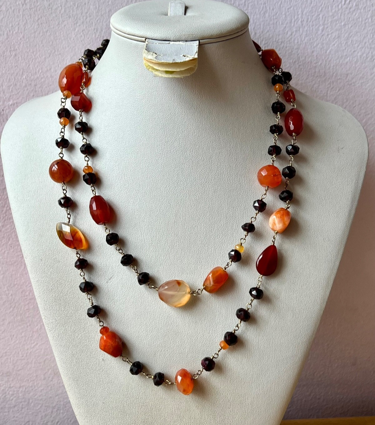 VINTAGE AGATE RHODOLITE GARNET 925 STERLING SLVR LONG STATION STATEMENT NECKLACE