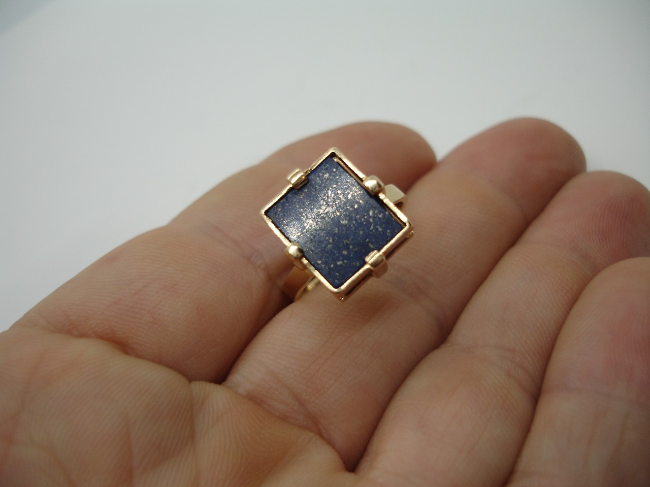 14K Gold Lapis Lazuli Signet Statement Ring Mid Century Deco two-tiered square 7