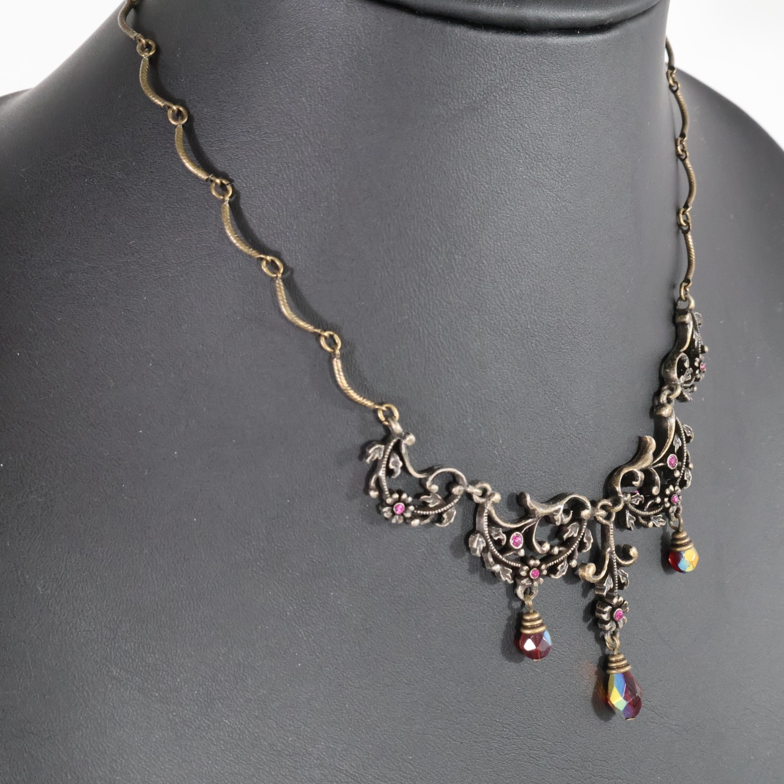 Vintage AVON Victorian Revival Floral Filigree Red AB Crystal Dangle Necklace