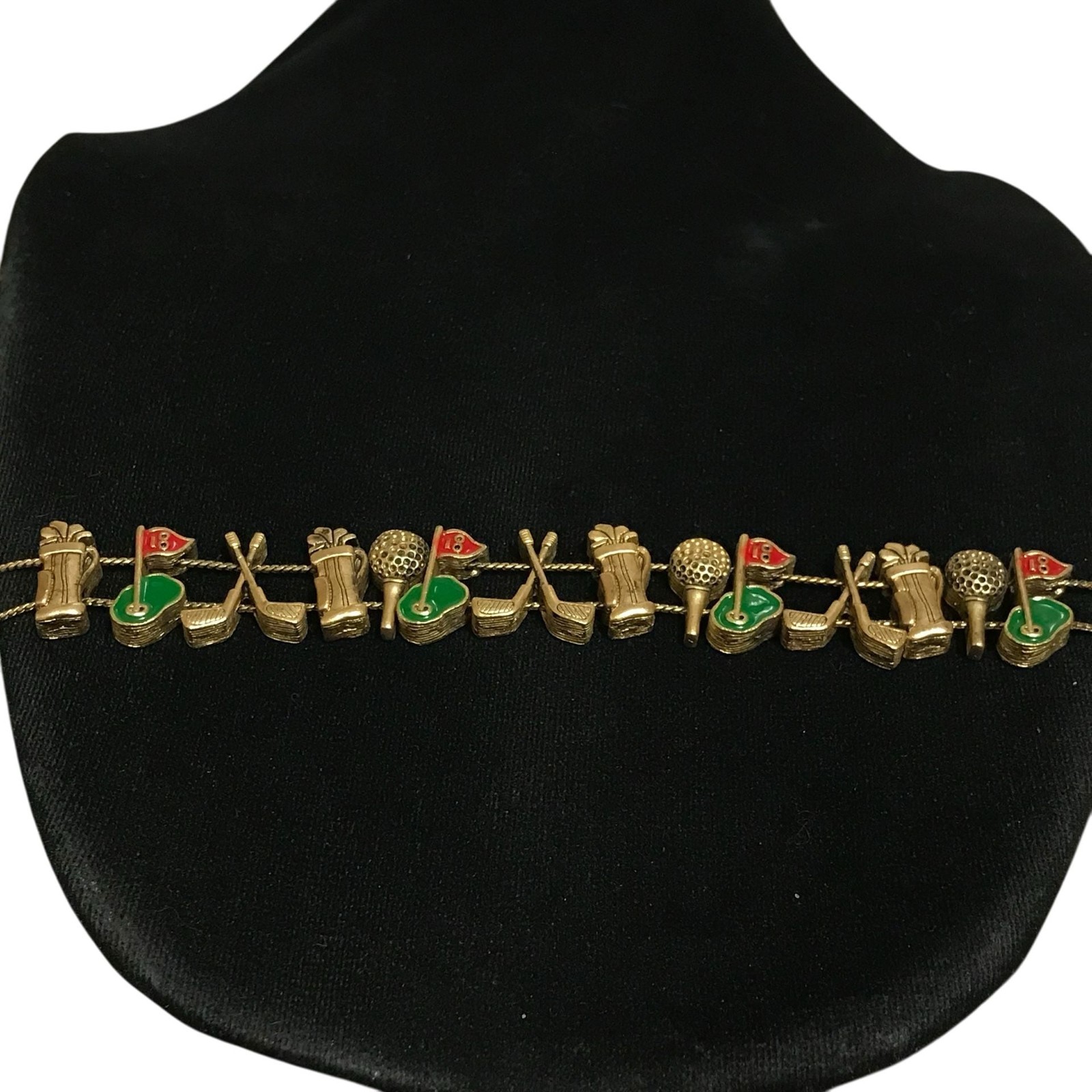 Goldette Vintage Golf Charm Slide Bracelet Gold Tone Enameled 7 Inches